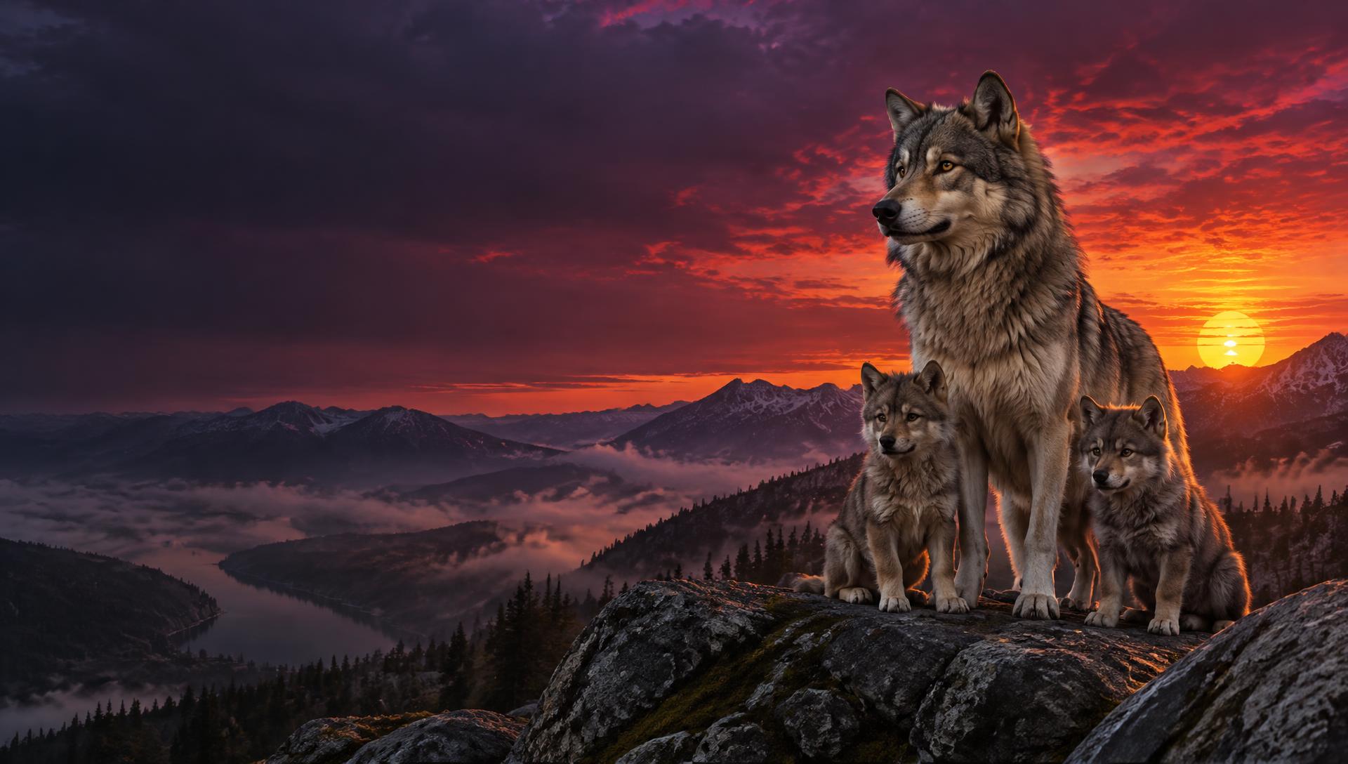 A wolf and two pups on a mountain ridge at sunset